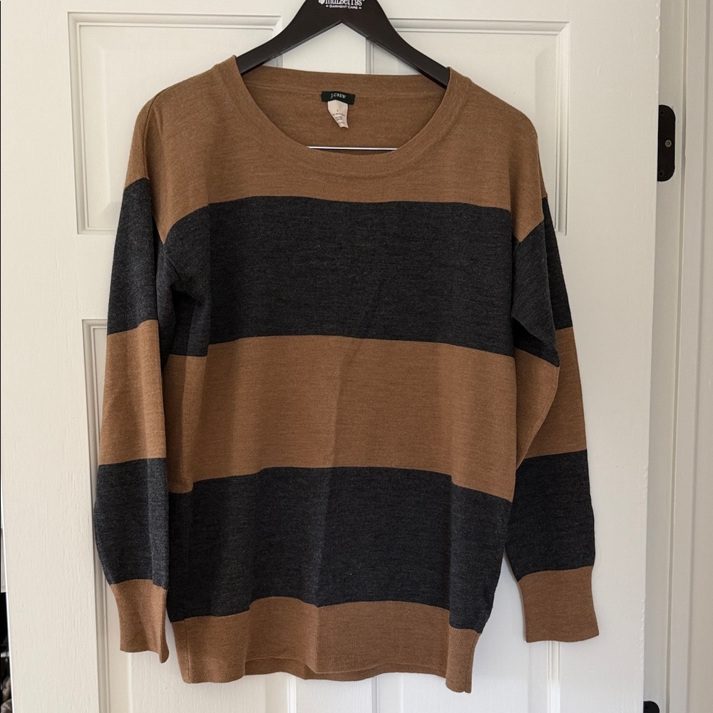 J. Crew Men's Crewneck Sweater in Brown and Gray Stripes